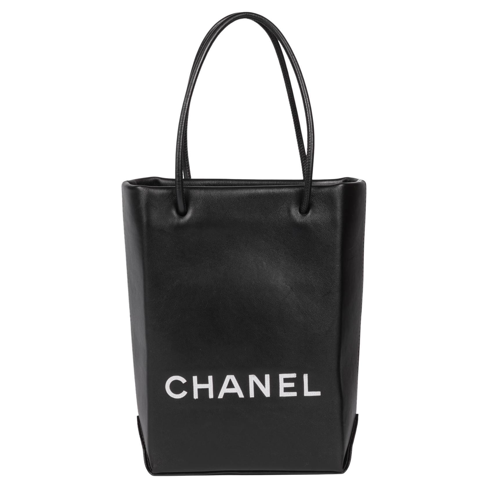 CHANEL Black & White Lambskin Mini Shopping Bag Tote For Sale