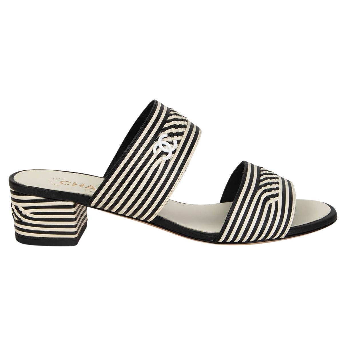 CHANEL black and white leather 2020 20C STRIPED BLOCK HEEL Sandals