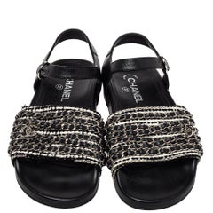 Chanel Black/White Leather And Woven Fabric Ankle Strap Flat Sandals Size 39