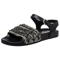 Chanel Black/White Leather And Woven Fabric Ankle Strap Flat Sandals Size 39