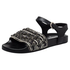 Chanel Black/White Leather And Woven Fabric Chain Ankle Strap Flat Size 39