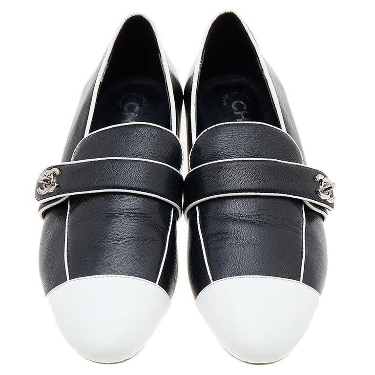 Chanel Black/White Leather CC Cap Toe Slip On Loafers Size 37 at 1stDibs