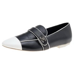 Chanel Black/White Leather CC Cap Toe Slip On Loafers Size 37