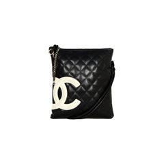 Chanel Black/White Leather Quilted Zip Top Flat CC Cambon Messenger Bag