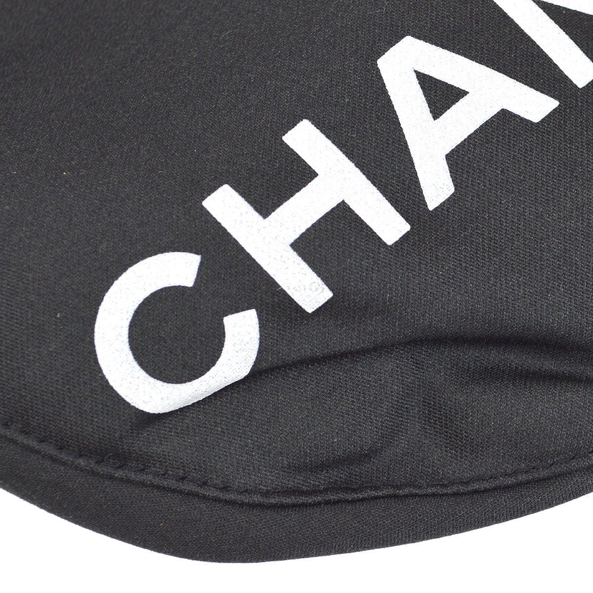 CHANEL Black White Logo Cotton Silk Blend Paperboy Cap Hat In Good Condition For Sale In Chicago, IL