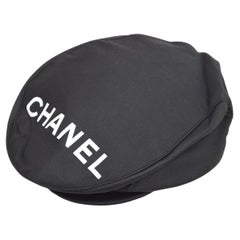CHANEL Black White Logo Cotton Silk Blend Paperboy Cap Hat 