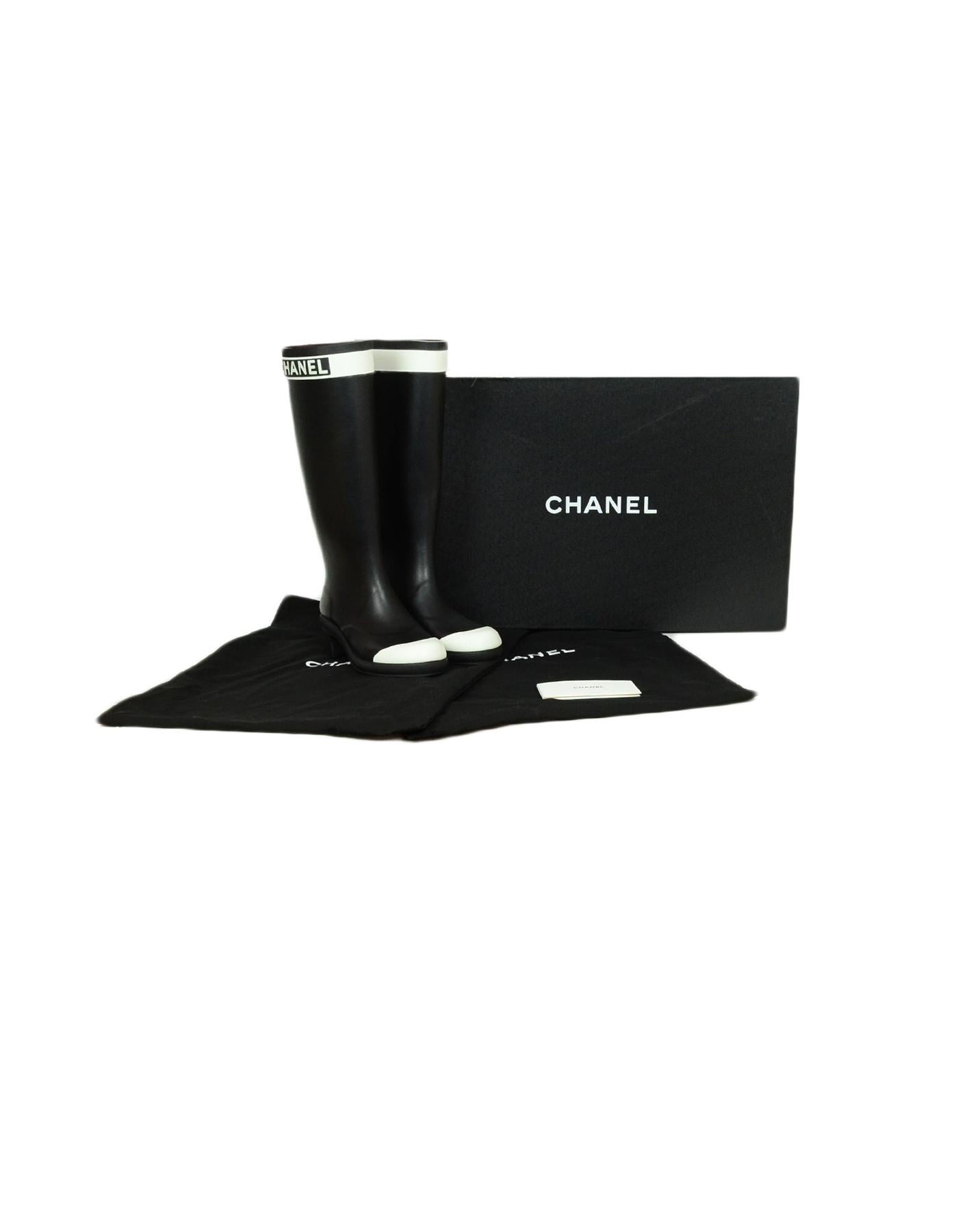 Chanel Black/White Logo Rubber Rain Boots sz 38 4