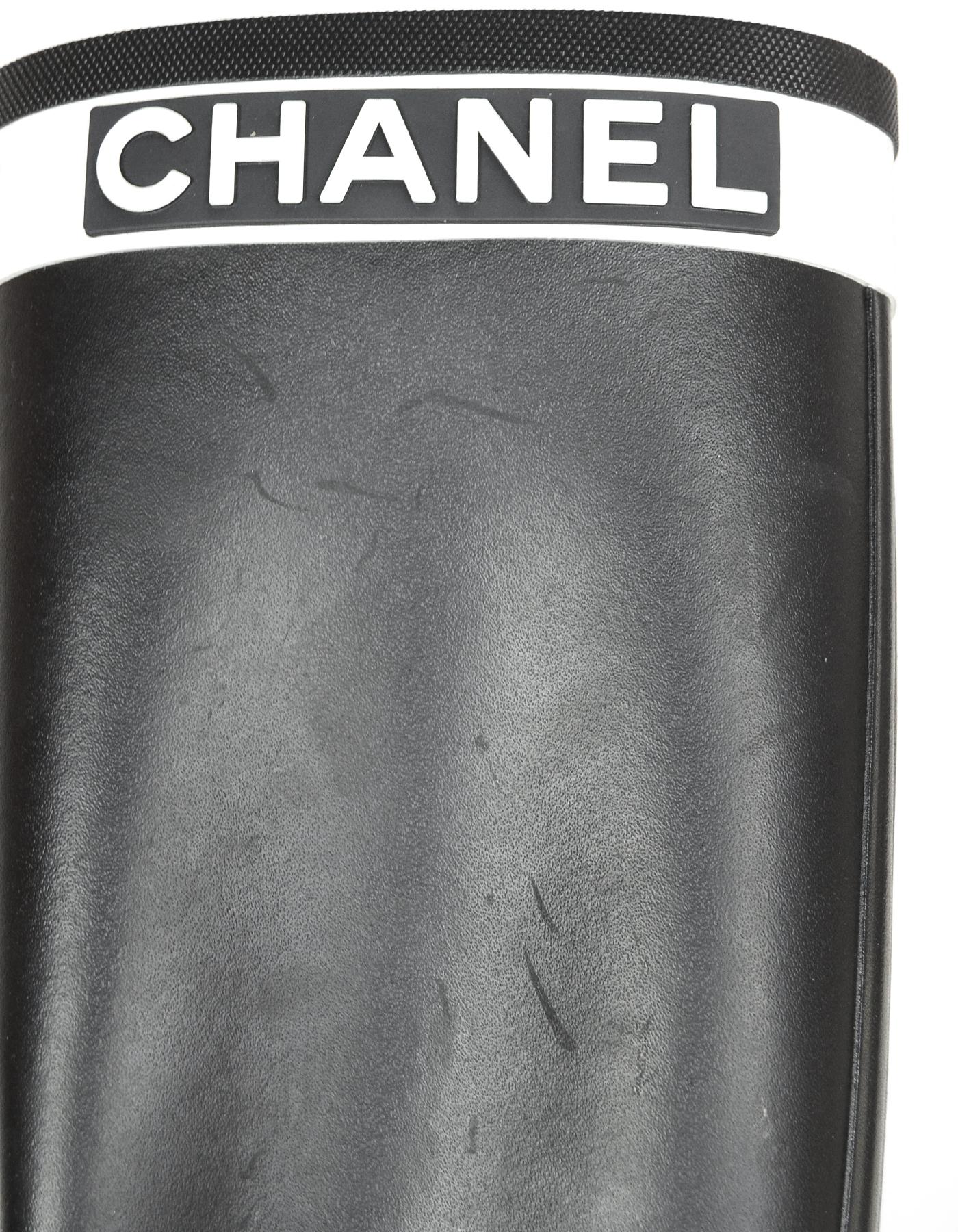 Chanel Black/White Logo Rubber Rain Boots sz 38 1