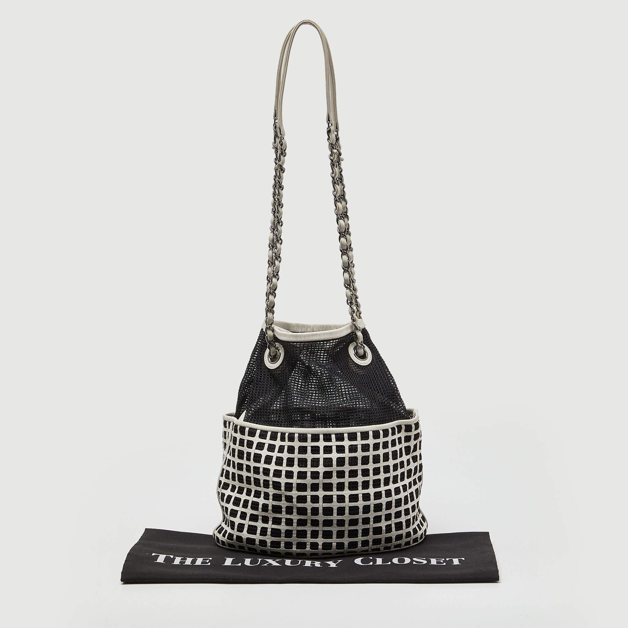 Chanel Black/White Mesh and Leather Bucket Bag 3