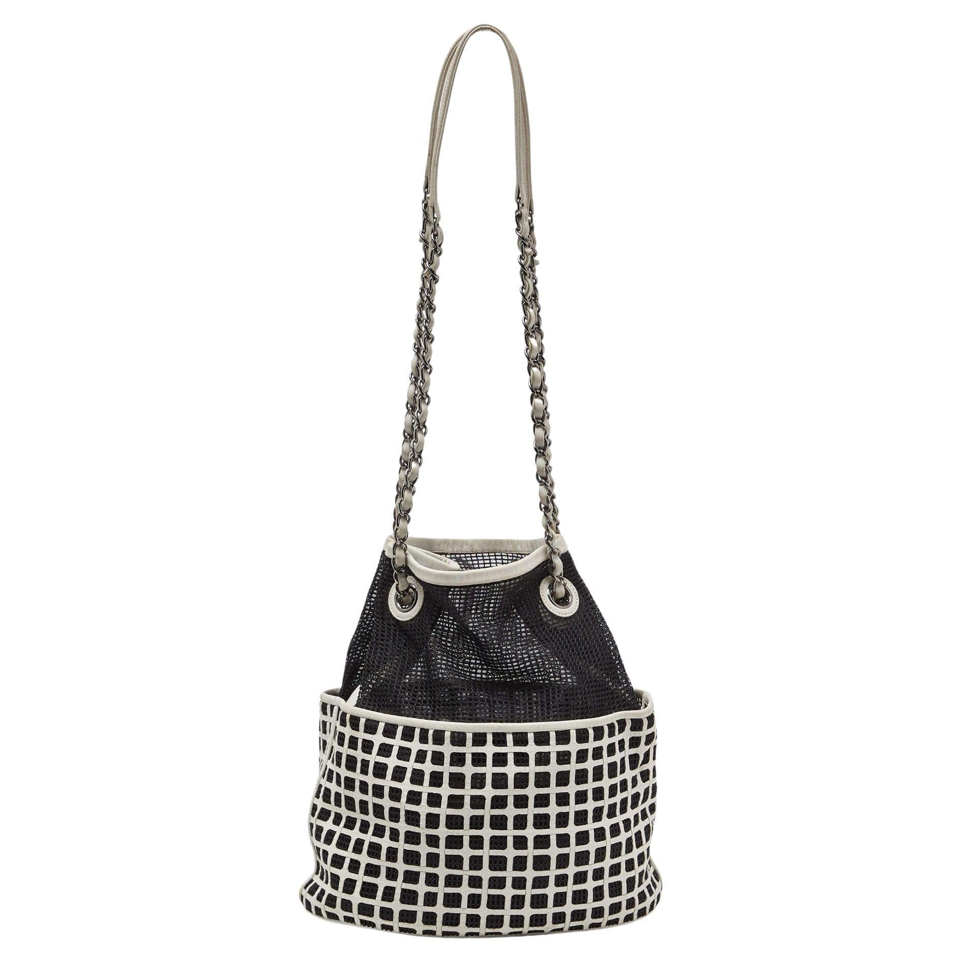 Chanel Black/White Mesh and Leather Bucket Bag For Sale