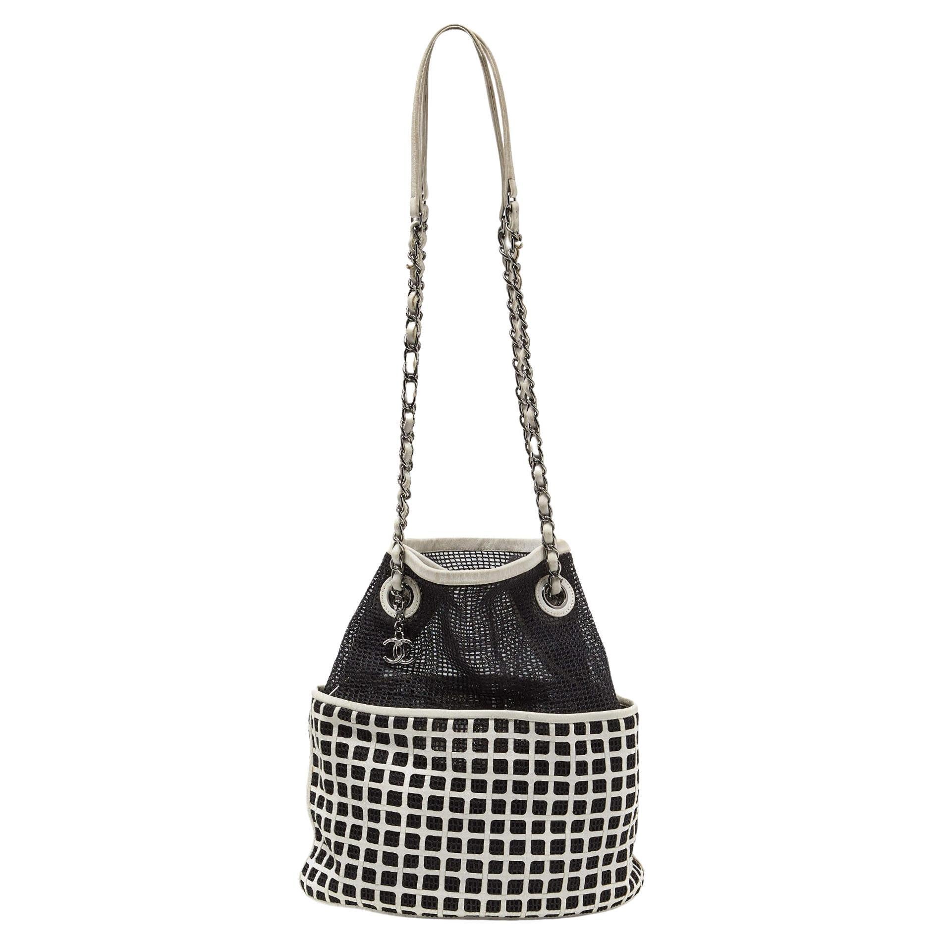 Chanel Black/White Mesh and Leather Bucket Bag For Sale