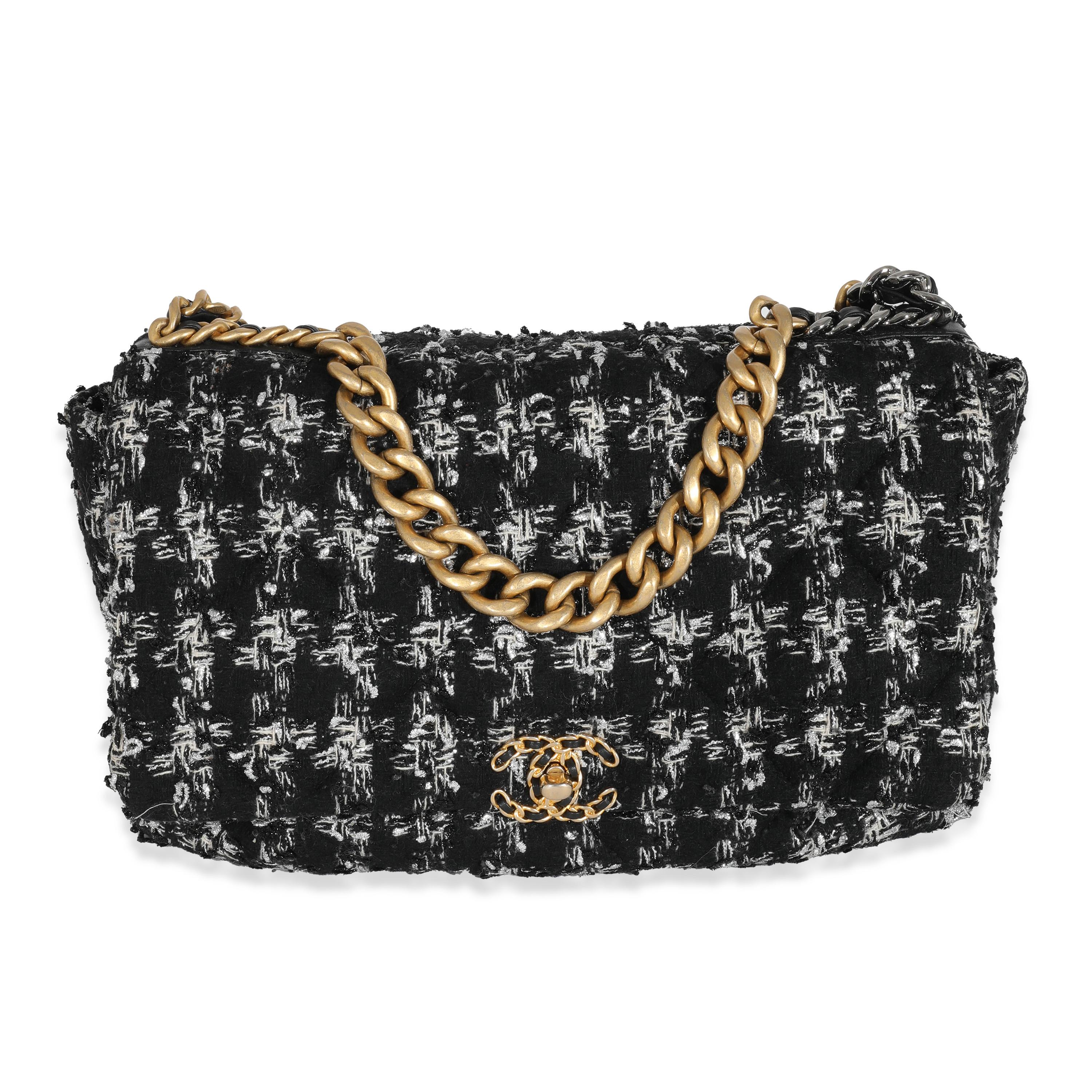 Chanel Black White Metallic Houndstooth Tweed Chanel 19 Maxi Flap Bag 2
