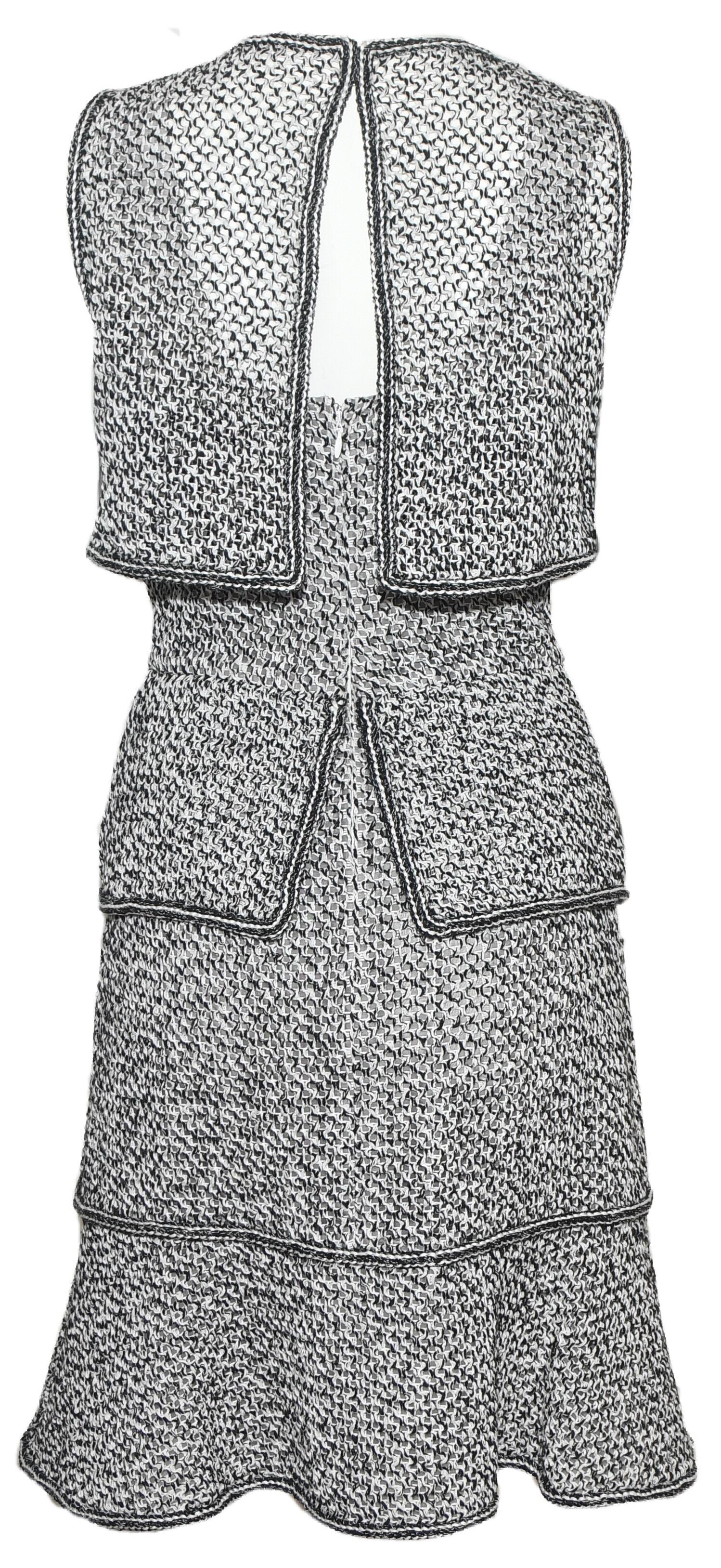Gray Chanel Black & White Multi Tier Tweed Sleeveless Flouncy Hem Dress 