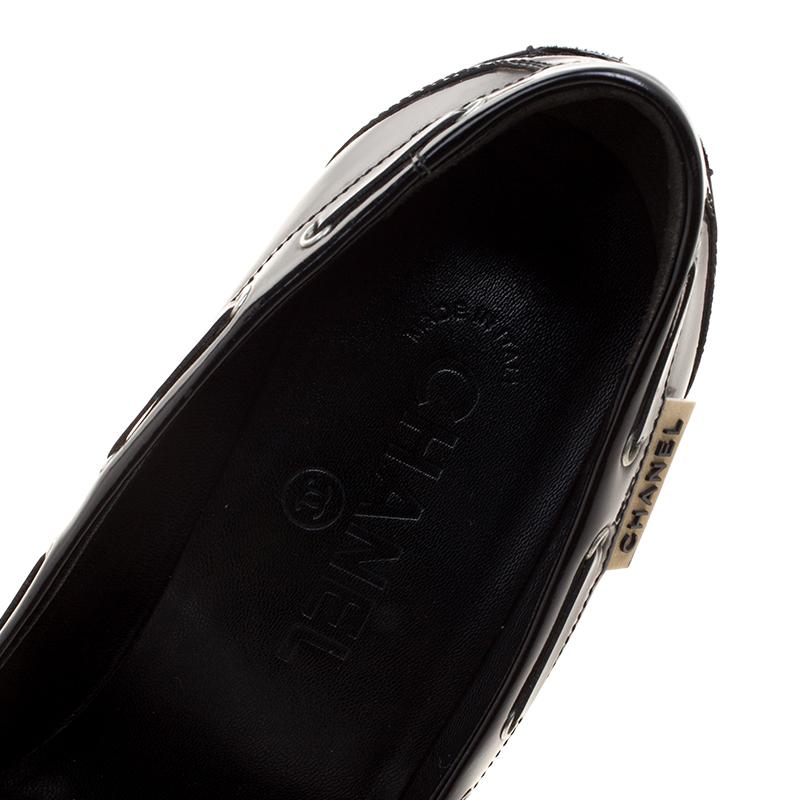 Chanel Black/White Patent Leather Bow Cap Toe Pumps Size 37.5 2