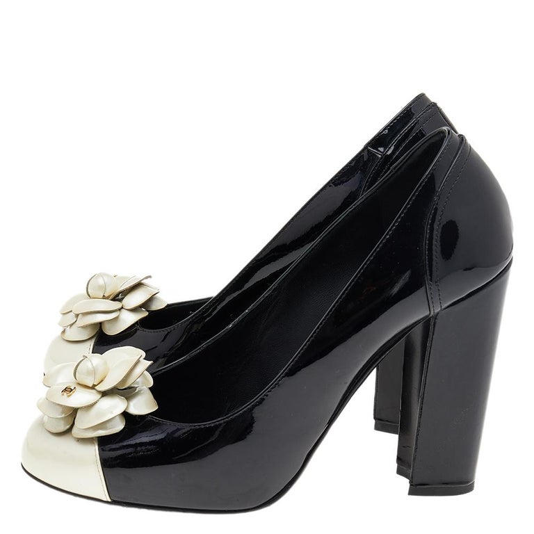 Chanel Black/White Patent Leather Camellia Cap Toe Block Heel Pumps Size  39.5