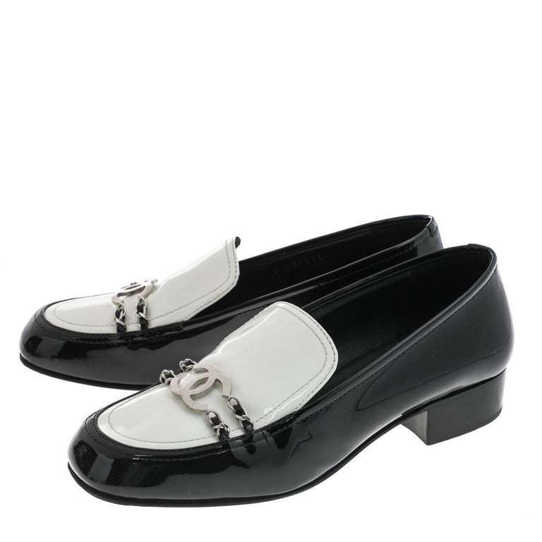 Chanel Black/White Patent Leather CC Chain Link Slip On Loafers