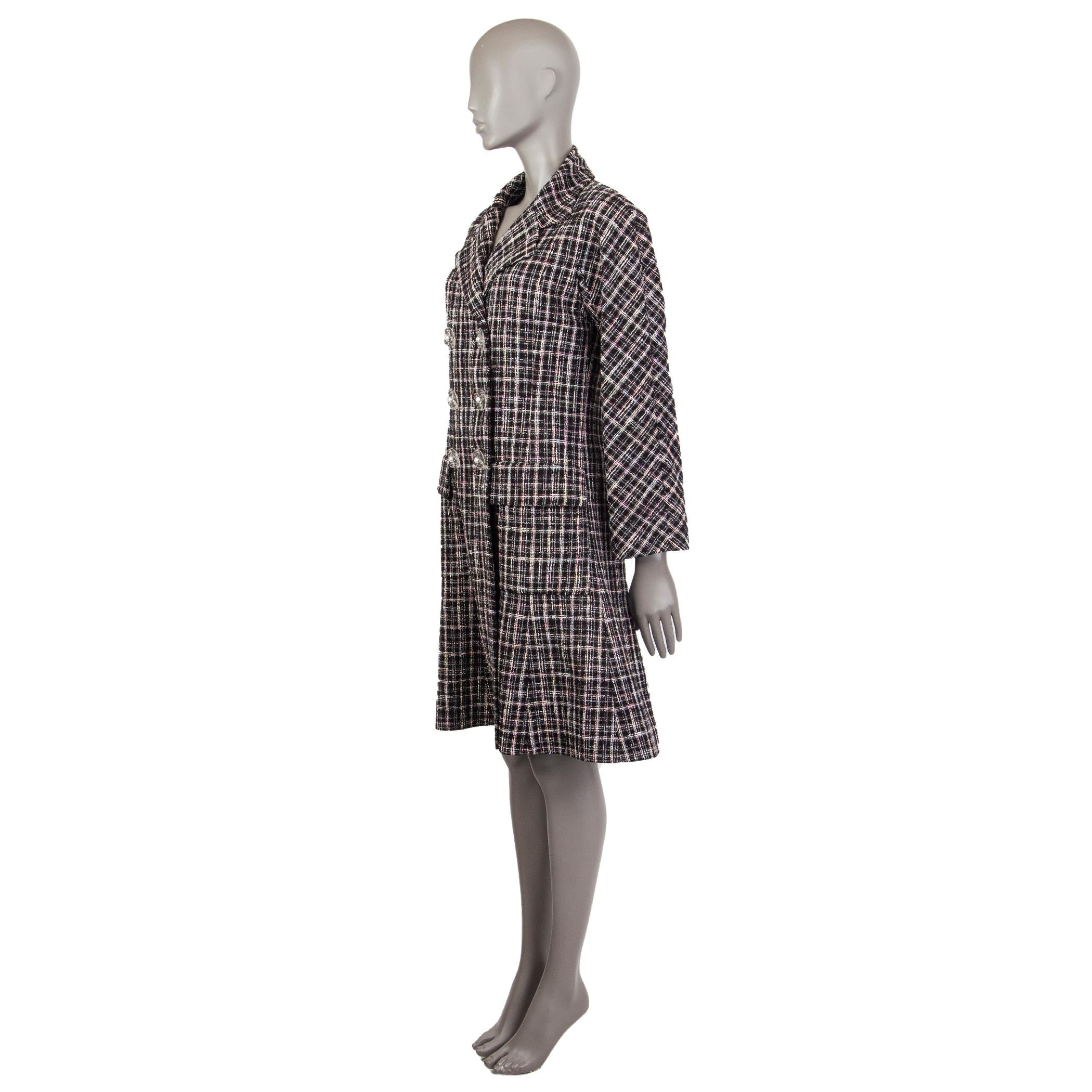Chanel plaid-tweed double-breasted coat in black, off.white, pink, lavender, lime, and red polyester (39%), acrylic (18%), rayon (14%), ramie (9%), cotton (9%), linen (8%), metal fibers (5%), and nylon (2%). Spring 2018 collection. With notch