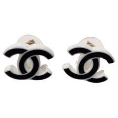 Chanel Black & White Plastic CC Logo Stud Earrings