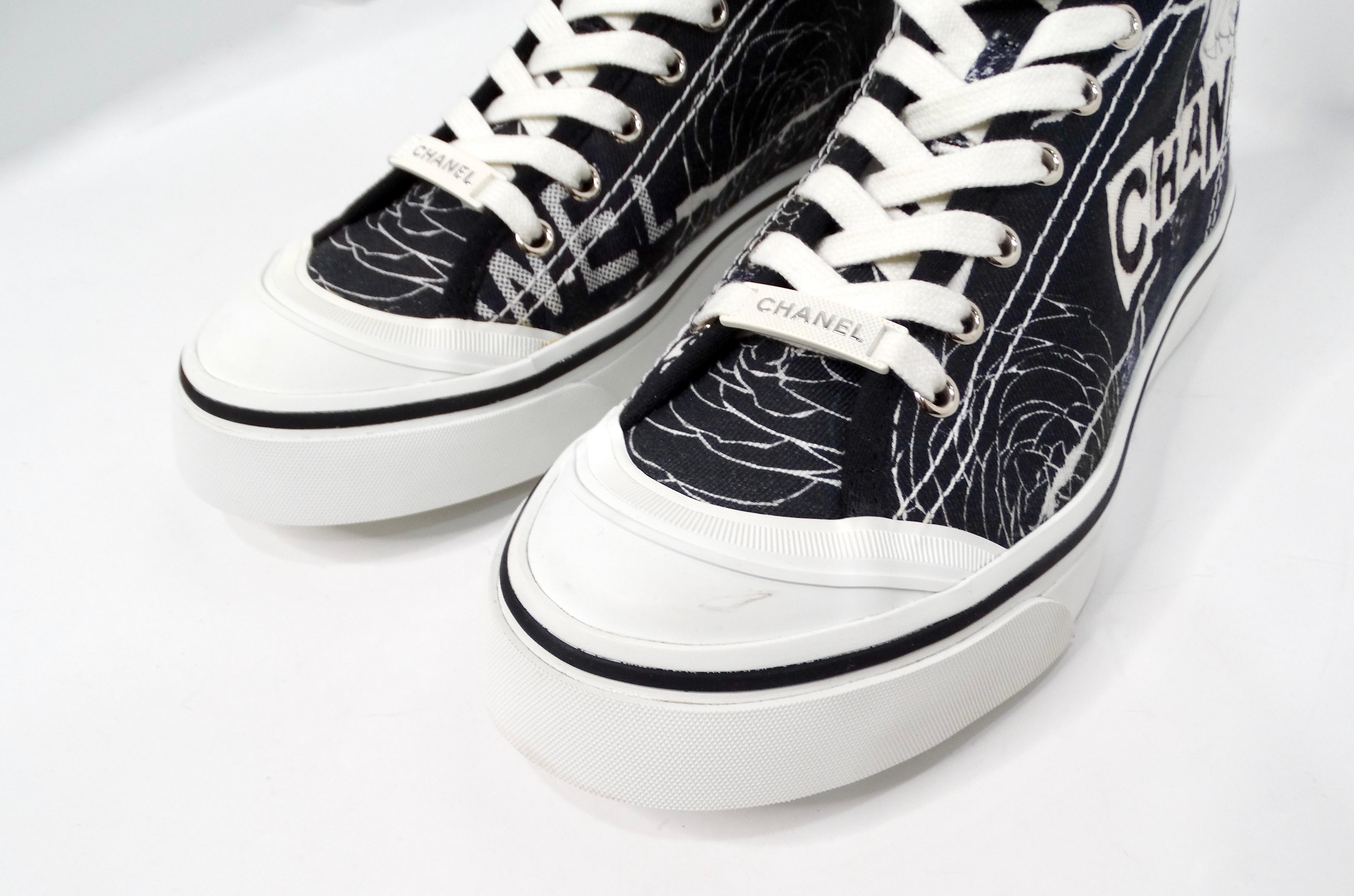 Gray Chanel Black & White Printed Fabric High-Top Camellia Sneakers For Sale