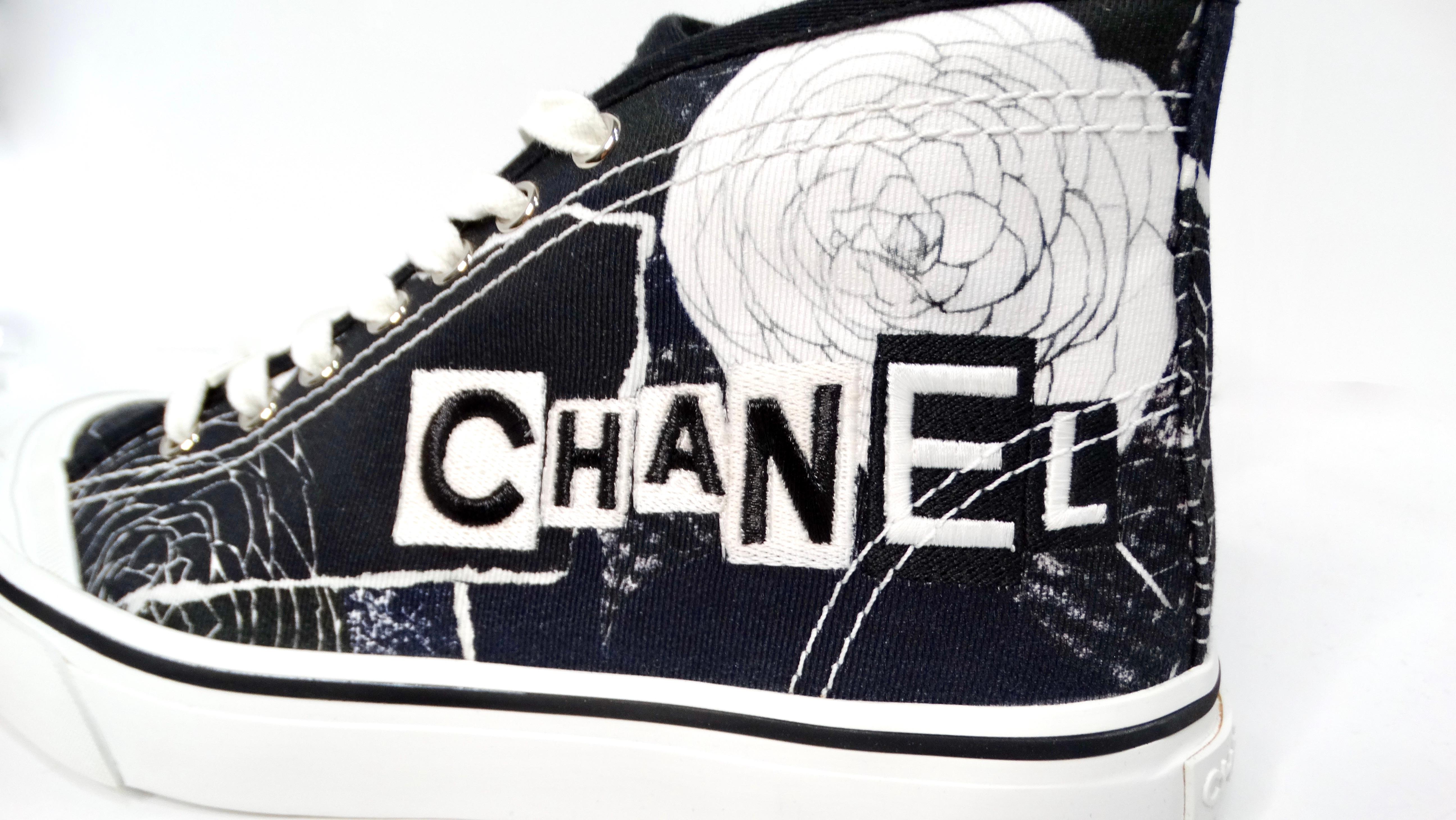 Women's Chanel Black & White Printed Fabric High-Top Camellia Sneakers For Sale