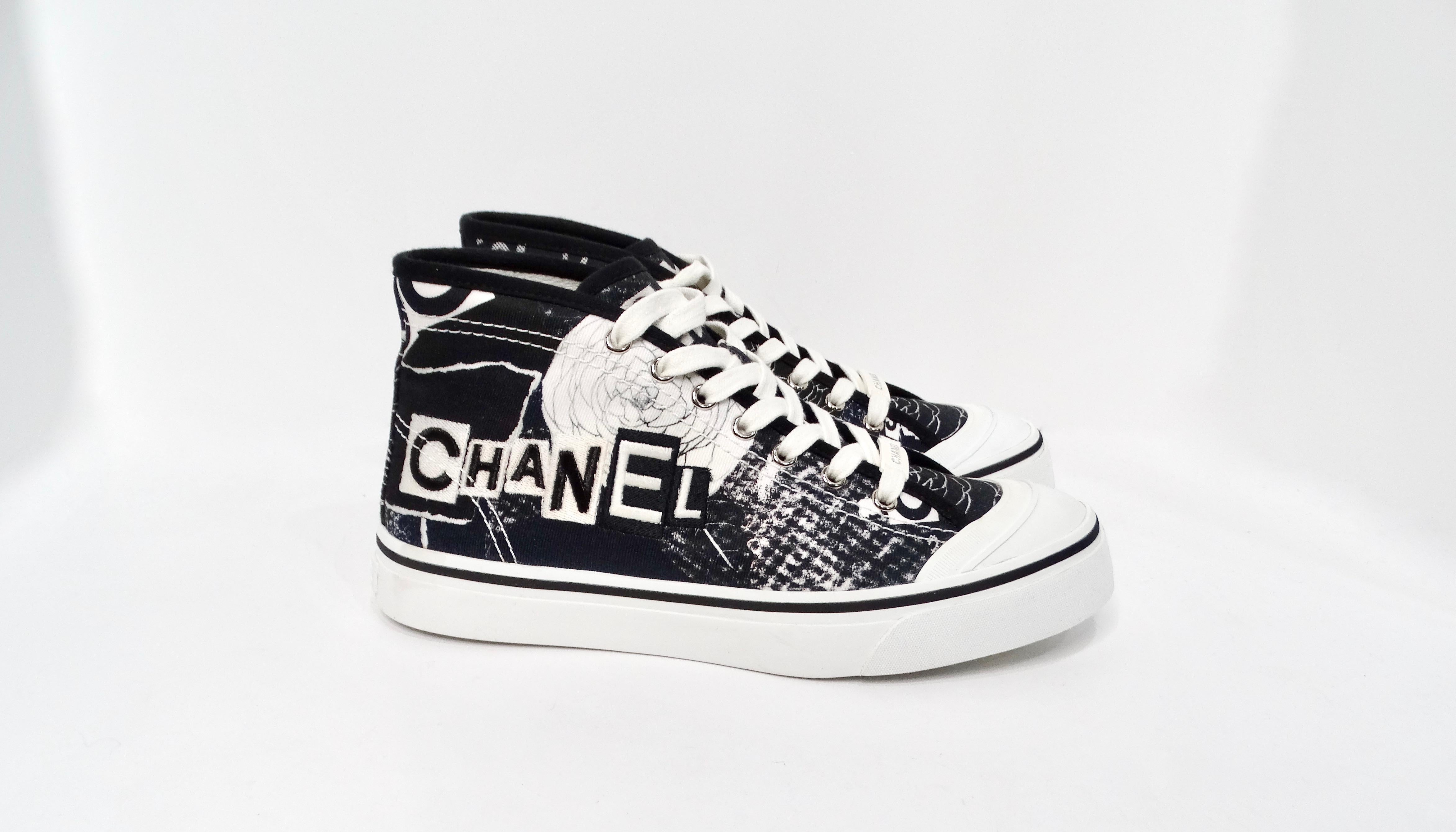 Chanel Black & White Printed Fabric High-Top Camellia Sneakers For Sale 2