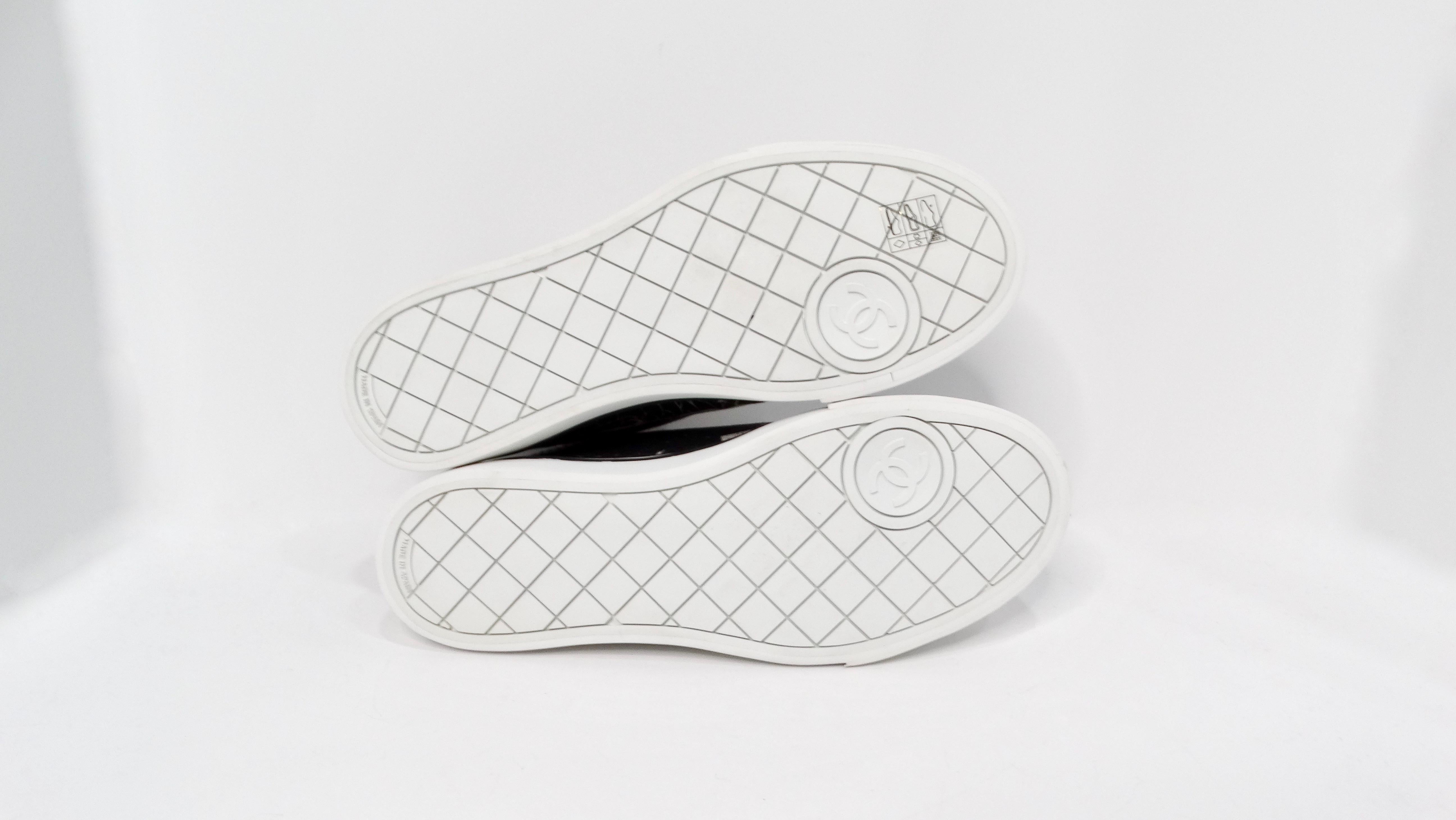 Chanel Black & White Printed Fabric High-Top Camellia Sneakers For Sale 4