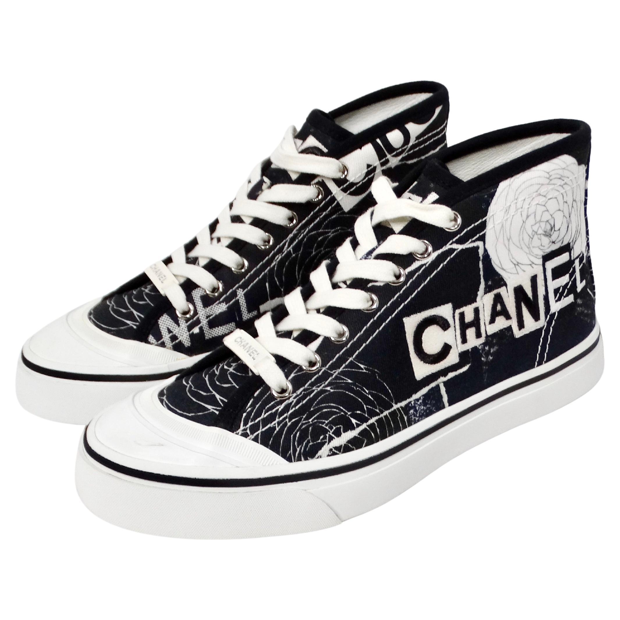 Chanel Black & White Printed Fabric High-Top Camellia Sneakers For Sale