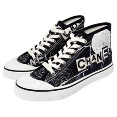 Chanel Black & White Printed Fabric High-Top Camellia Sneakers