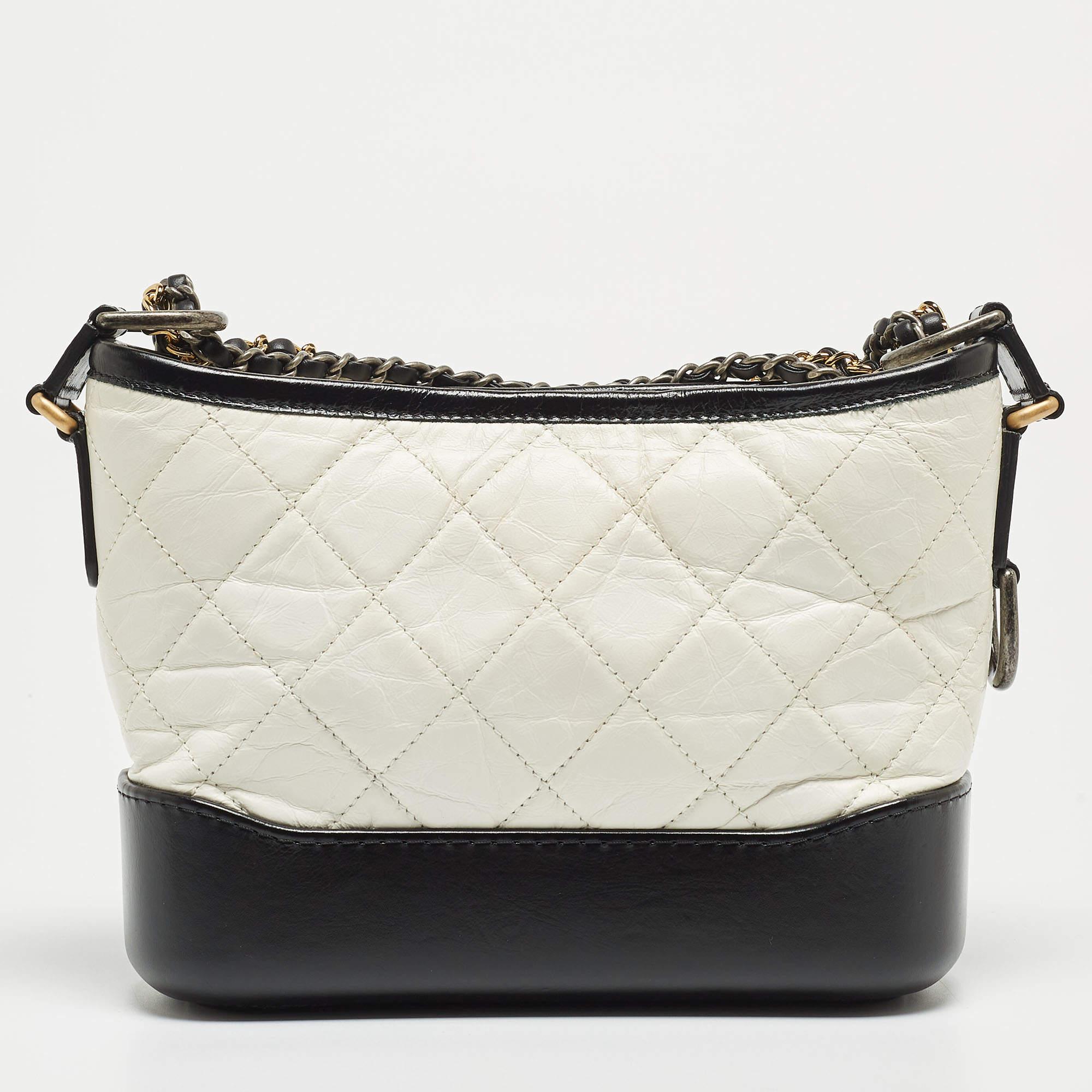 Chanel Black/White Quilted Aged Leather Small Gabrielle Hobo In Good Condition In Dubai, Al Qouz 2