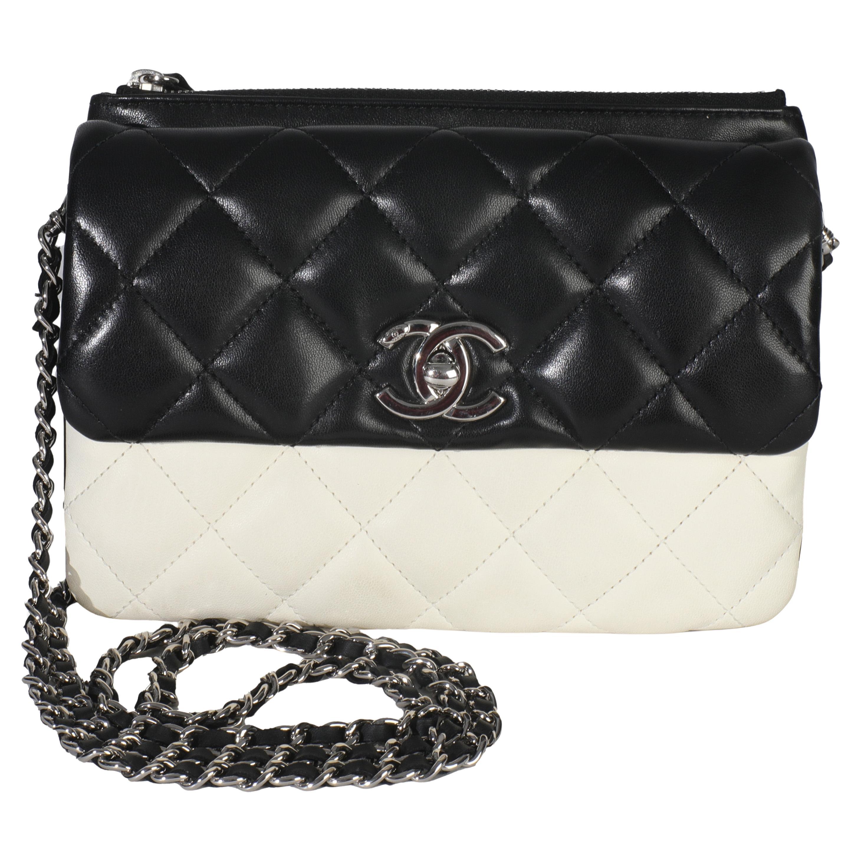 Chanel Black White Quilted Lambskin Front Pocket Chain Flap Bag