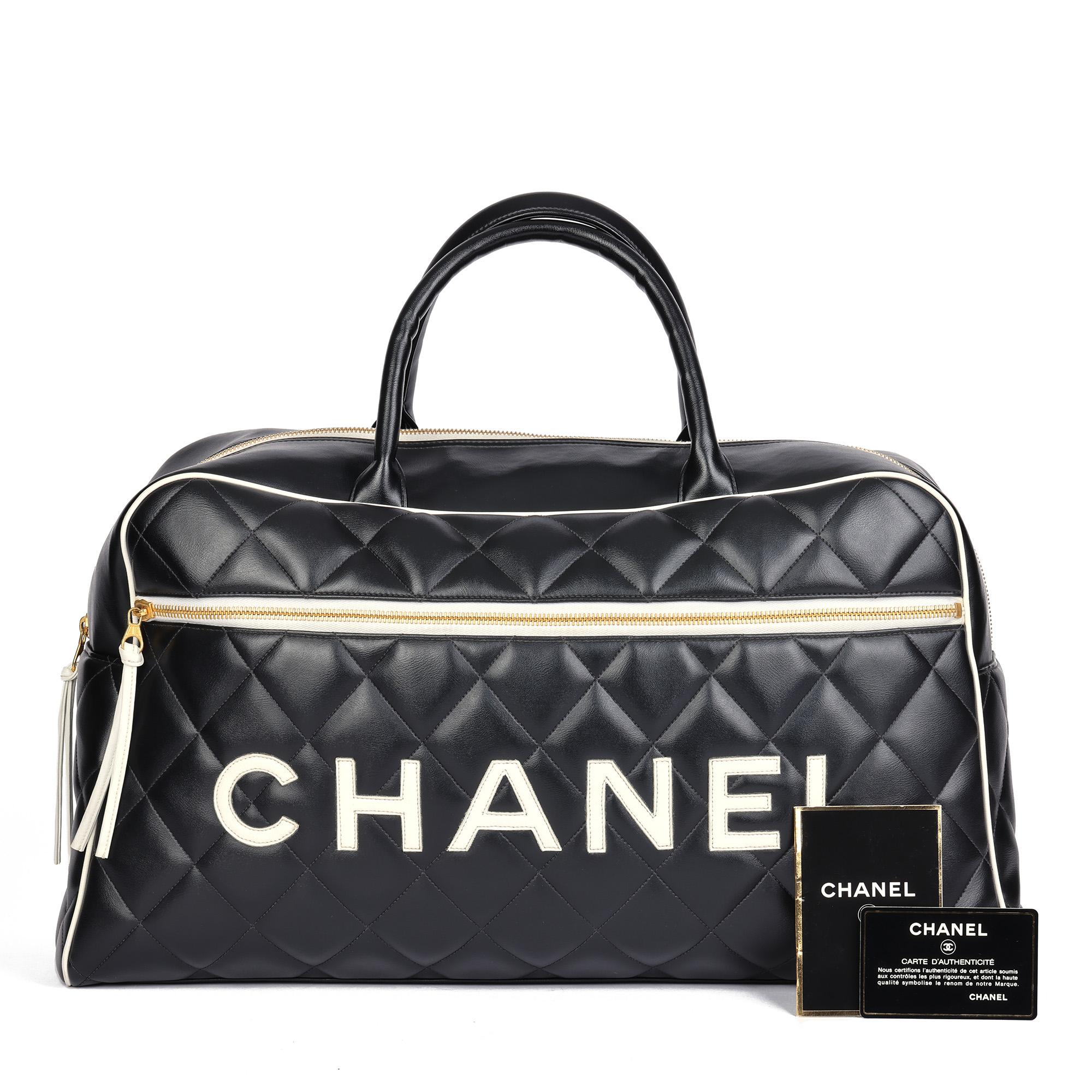 CHANEL Black & White Quilted Lambskin Vintage Sports Line Boston Bag 4