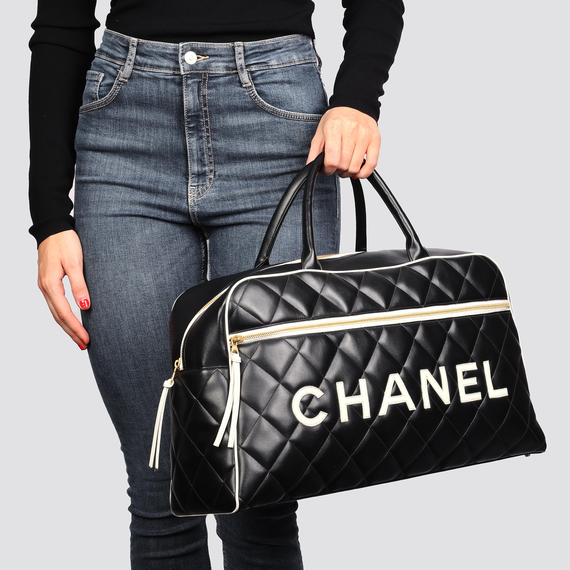 CHANEL Black & White Quilted Lambskin Vintage Sports Line Boston Bag 5