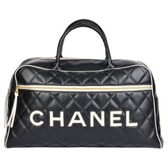 CHANEL Black & White Quilted Lambskin Vintage Sports Line Boston Bag 