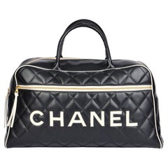 CHANEL Black & White Quilted Lambskin Retro Sports Line Boston Bag 