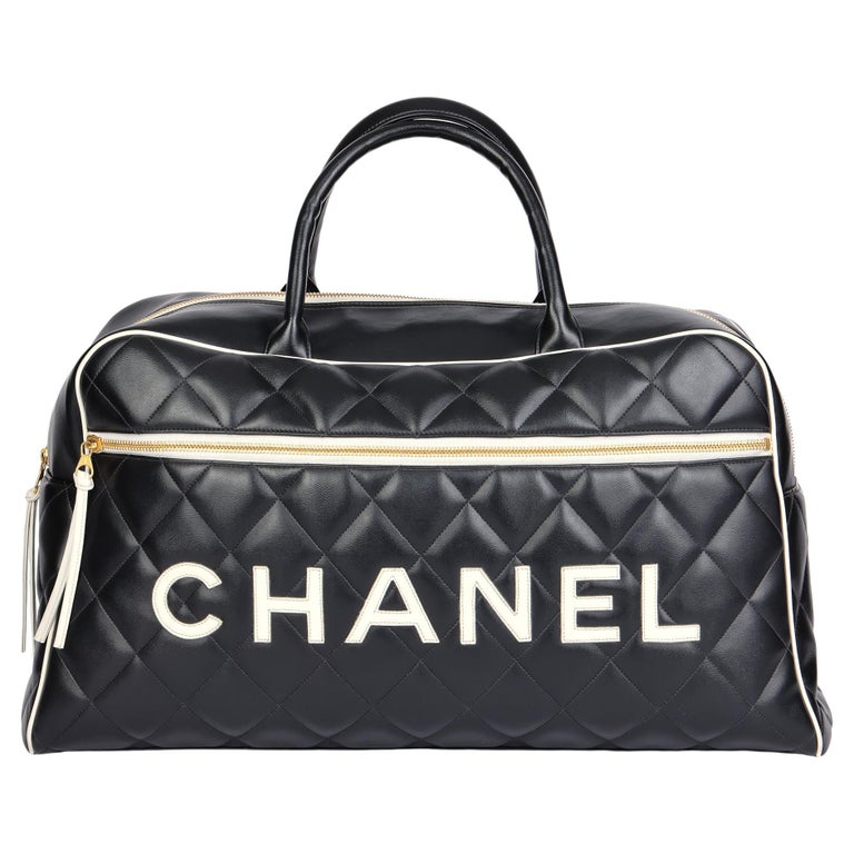 CHANEL Black and White Quilted Lambskin Vintage Sports Line Boston Bag
