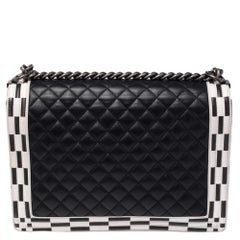 Chanel Black/White Quilted Leather Large Checkerboard Trim Boy Flap Bag