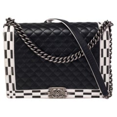 Chanel Black/White Quilted Leather Large Checkerboard Trim Boy Flap Bag