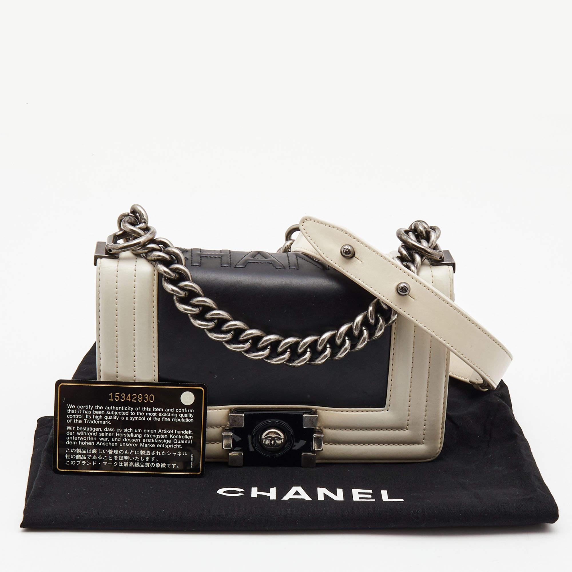 Chanel Black/White Quilted Leather Mini Chain Boy Flap Bag 8