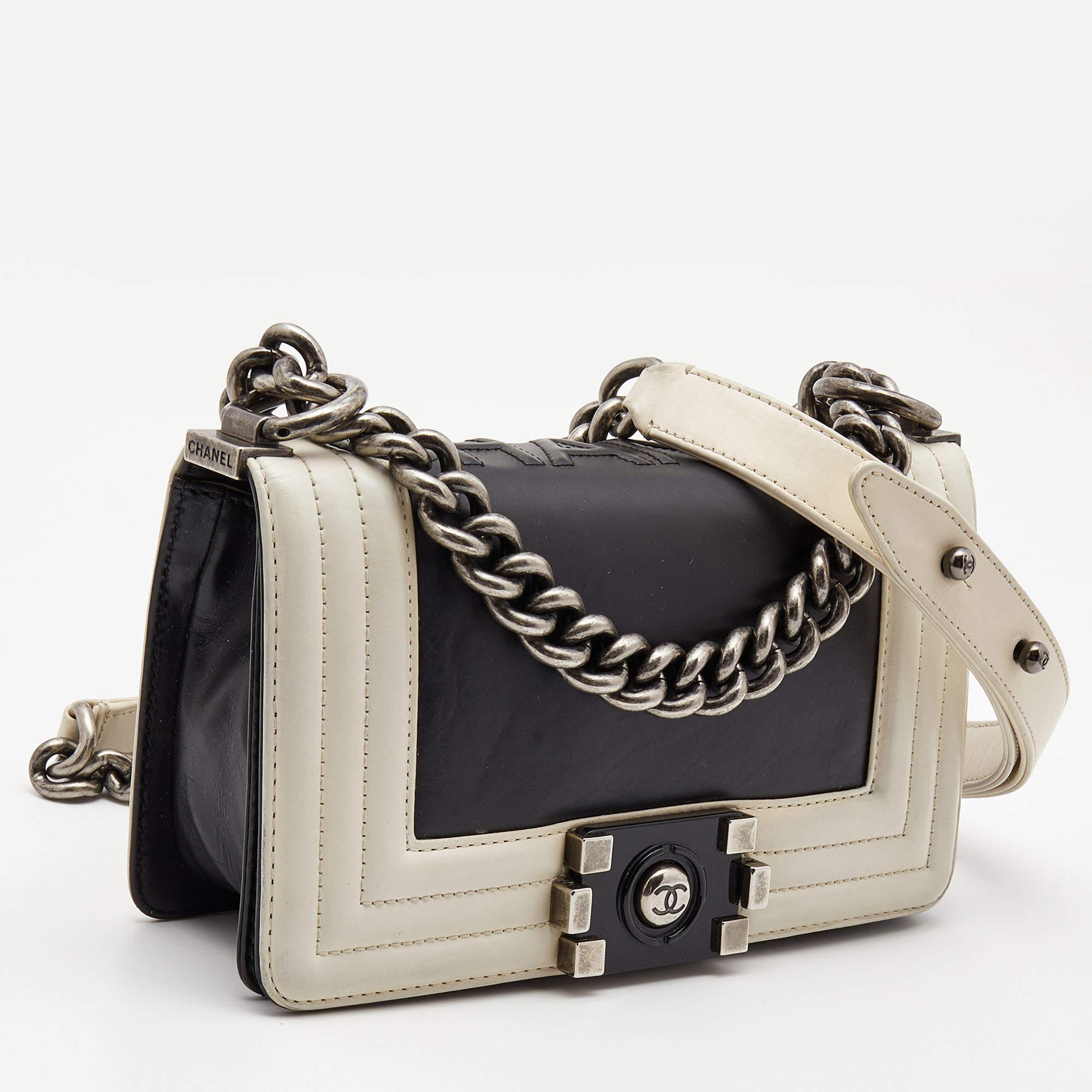 Beige Chanel Black/White Quilted Leather Mini Chain Boy Flap Bag