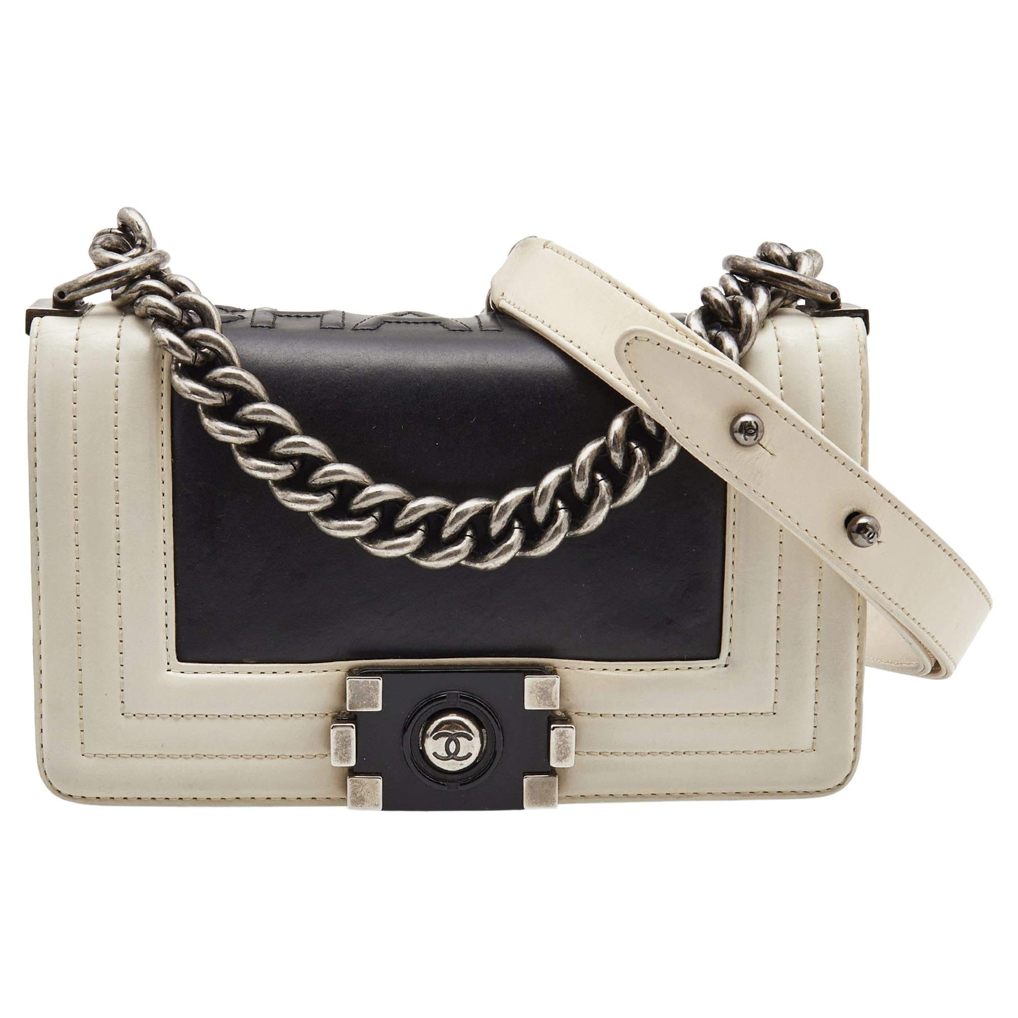 Chanel Black/White Quilted Leather Mini Chain Boy Flap Bag