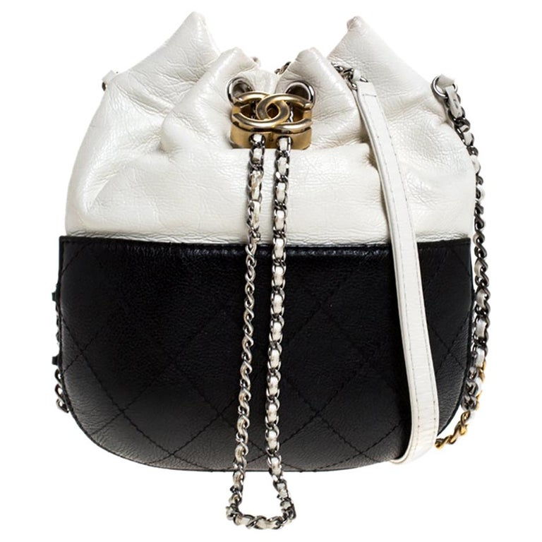 Chanel Black/White Quilted Leather Small Gabrielle Bucket Bag For Sale