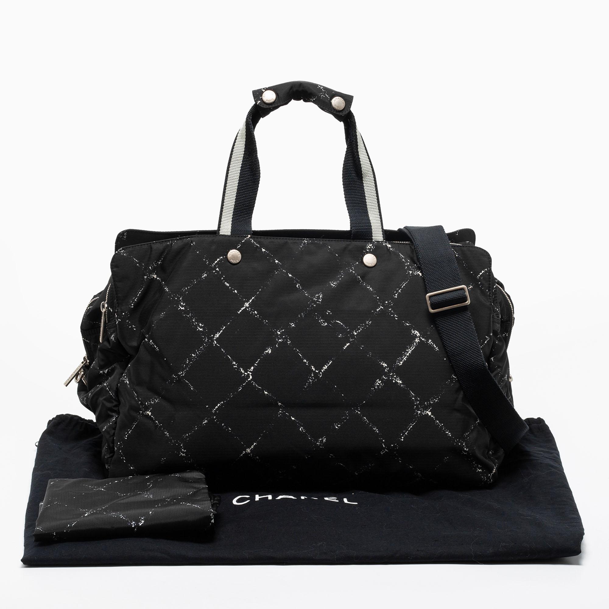 Chanel Black/White Quilted Print Nylon Travel Line Duffel Bag 11