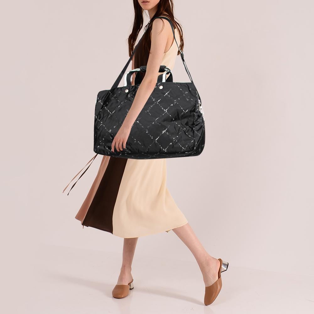 Chanel Black/White Quilted Print Nylon Travel Line Duffel Bag In Excellent Condition In Dubai, Al Qouz 2