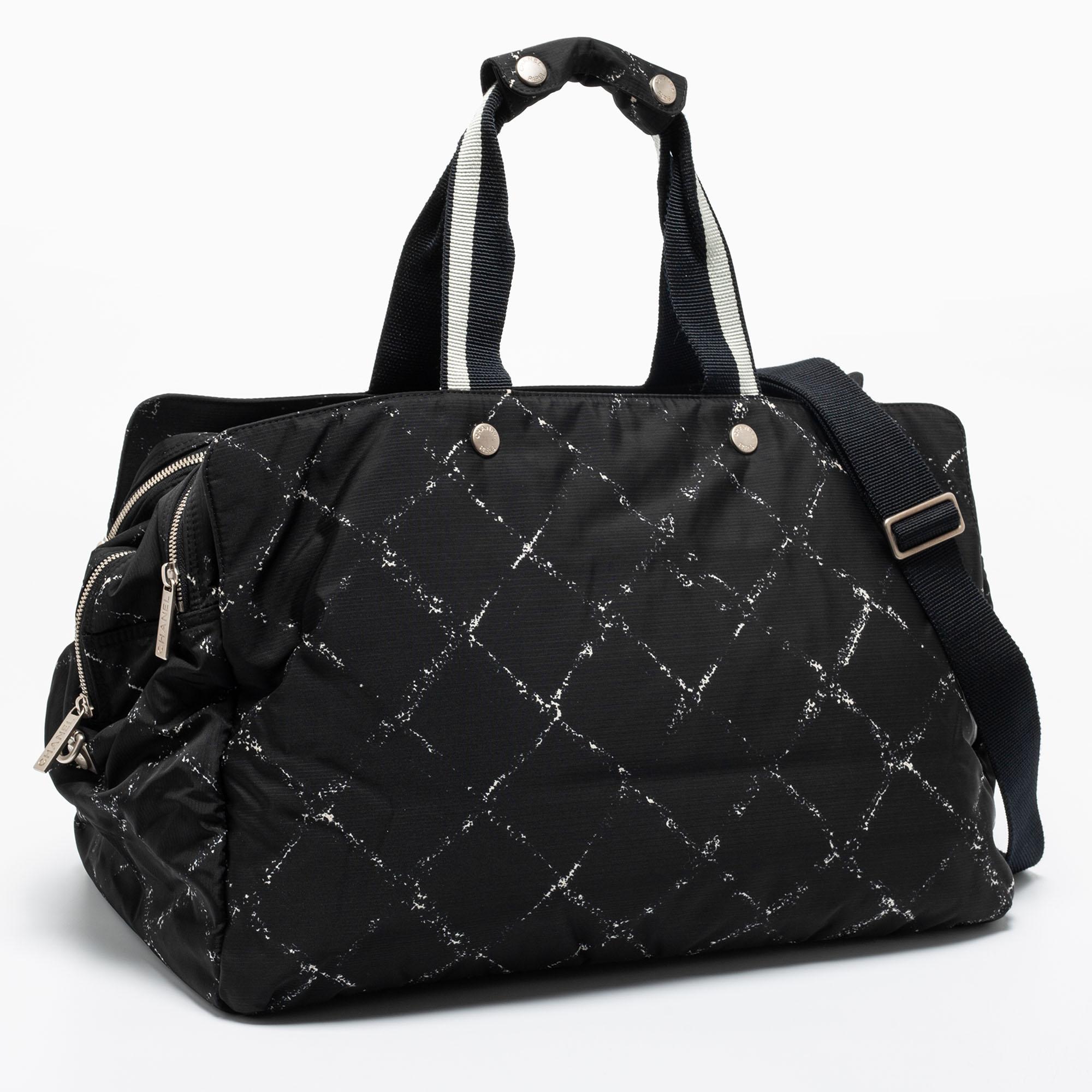 Women's Chanel Black/White Quilted Print Nylon Travel Line Duffel Bag