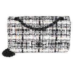 Chanel Black White Quilted Tweed Medium Classic Double Flap Bag