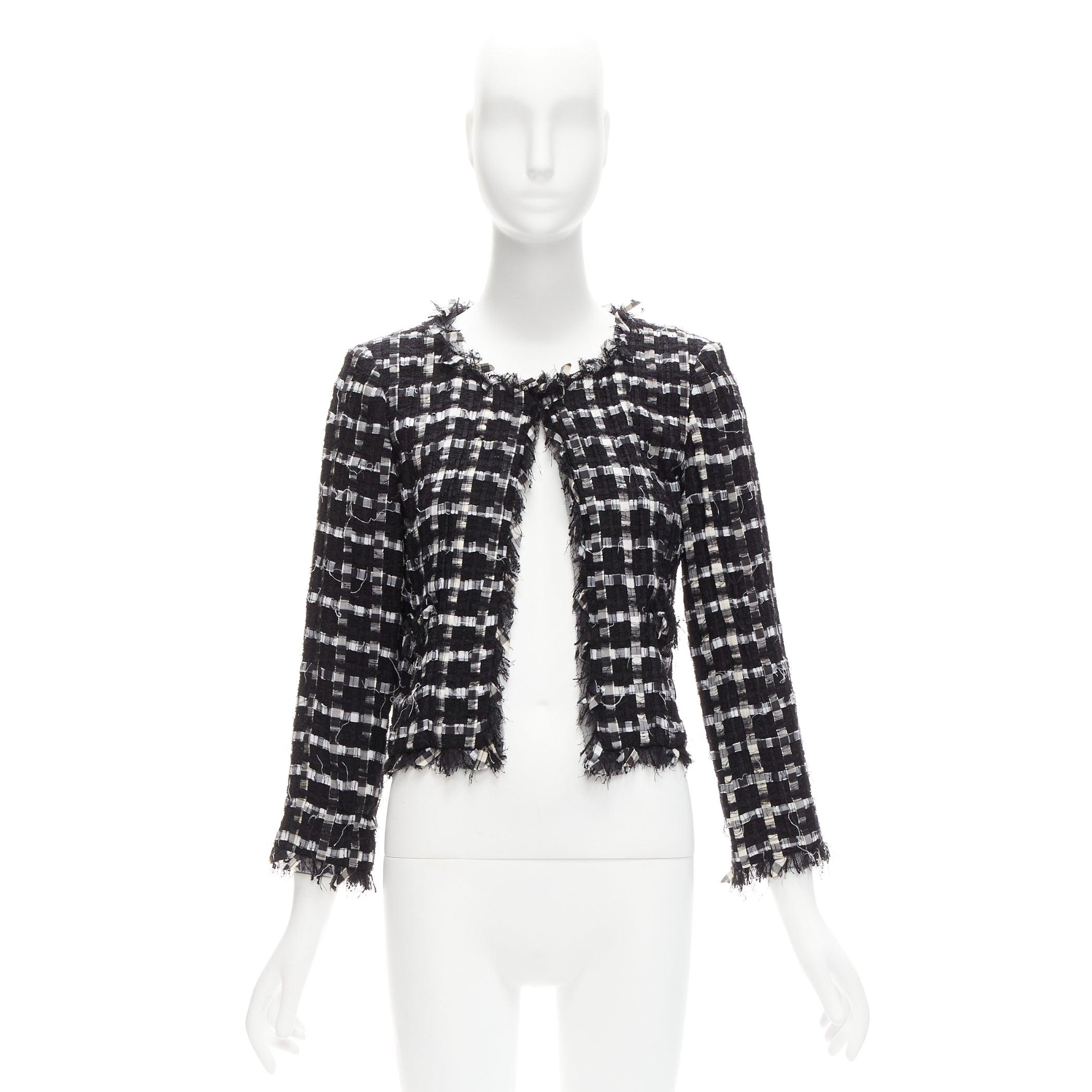CHANEL black white raw frayed check tweed gripoix buttons cropped jacket FR40 L For Sale 6
