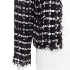 CHANEL black white raw frayed check tweed gripoix buttons cropped jacket FR40 L