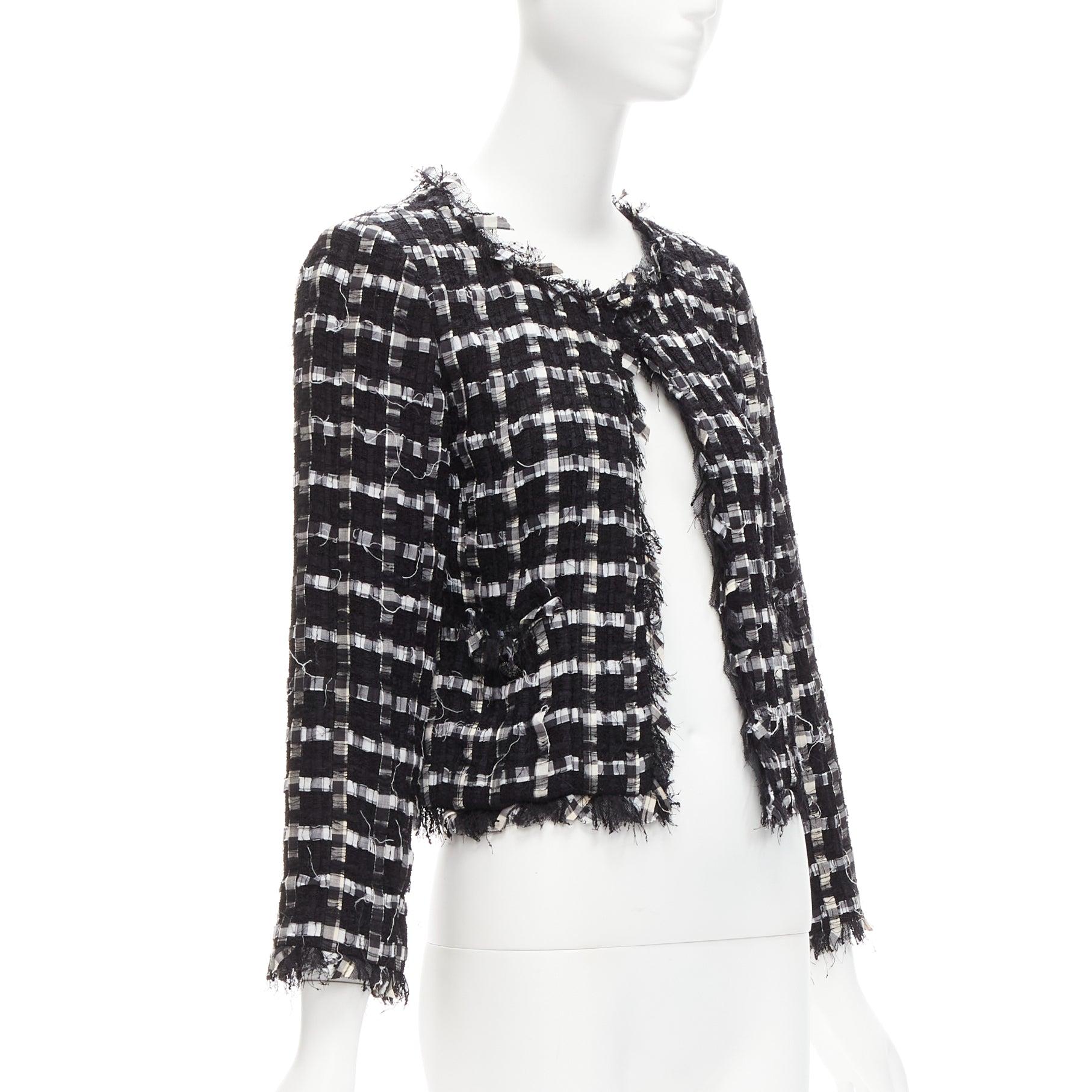 CHANEL black white raw frayed check tweed gripoix buttons cropped jacket FR40 L In Excellent Condition For Sale In Hong Kong, NT