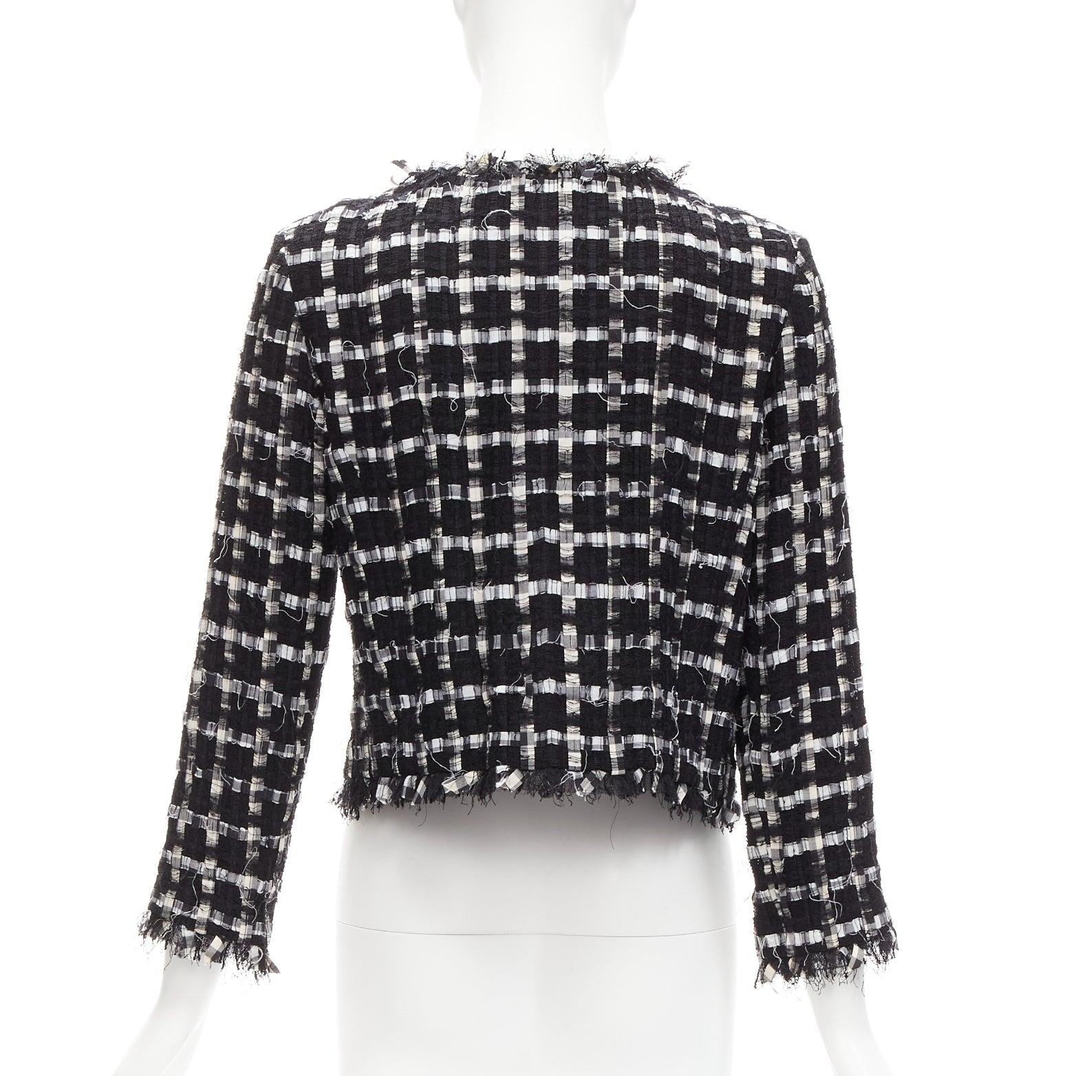 CHANEL black white raw frayed check tweed gripoix buttons cropped jacket FR40 L For Sale 1