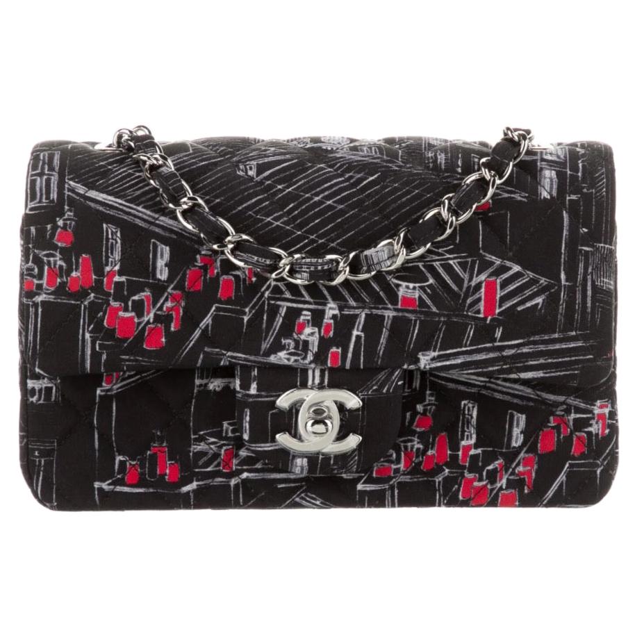 Chanel Black White Red Fabric Silver Small Mini Evening Shoulder Flap Bag 
